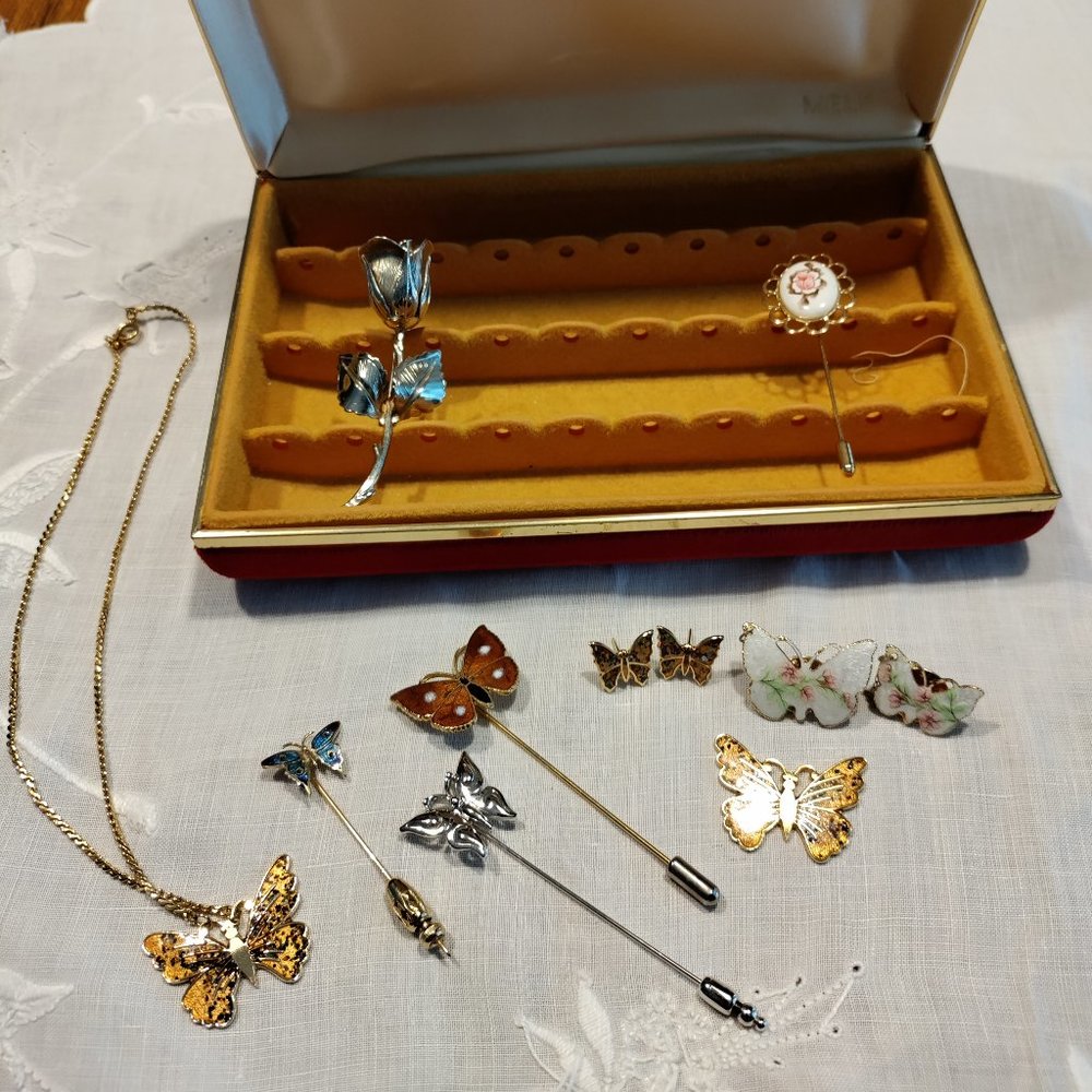 Vintage Stick Pins, bar pins lot with Jewelry Box, Butterflies, floral, etc.